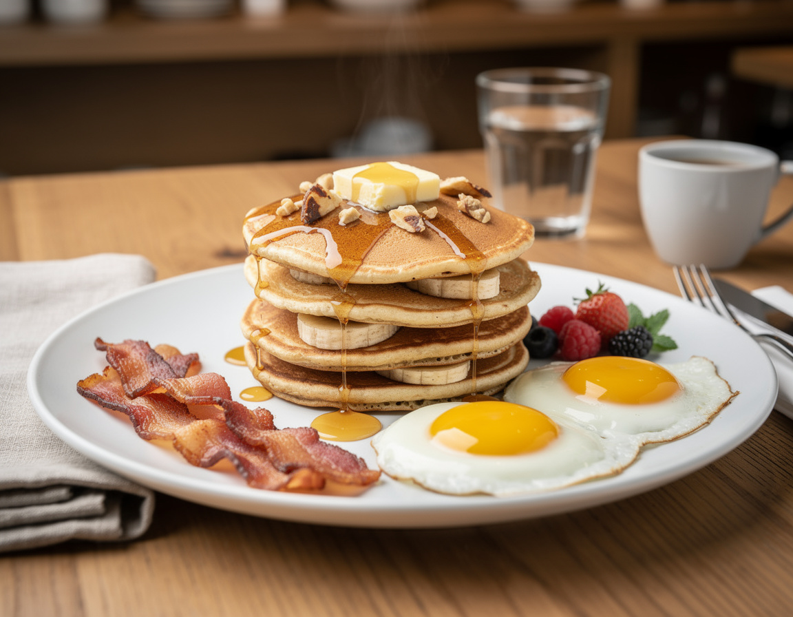 A stack of banana nut pancakes with syrup and butter on a plate