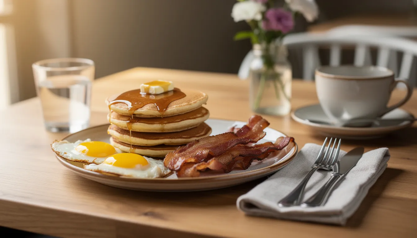 A breakfast table with a stack of pancakes, fried eggs and strips of bacon in warm morning light