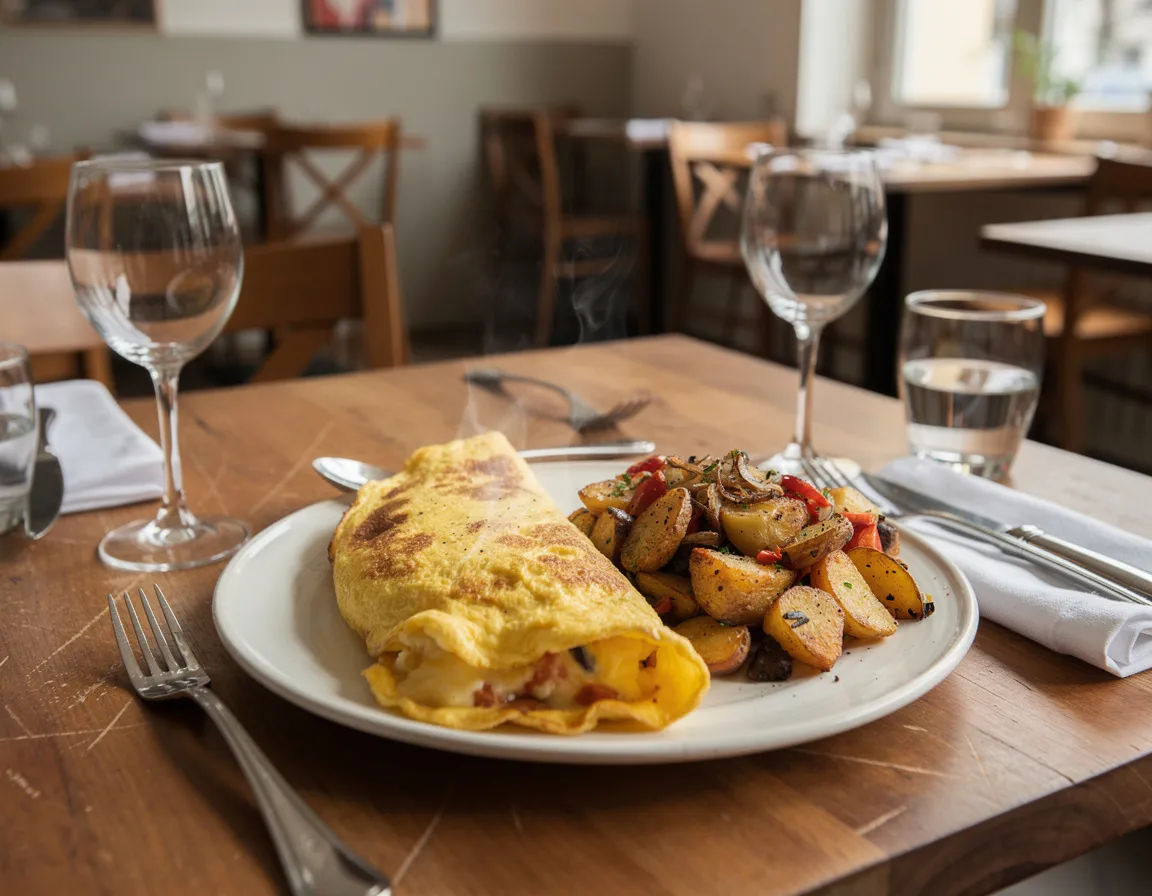 A five-cheese omelet folded on a plate with a side of breakfast hash
