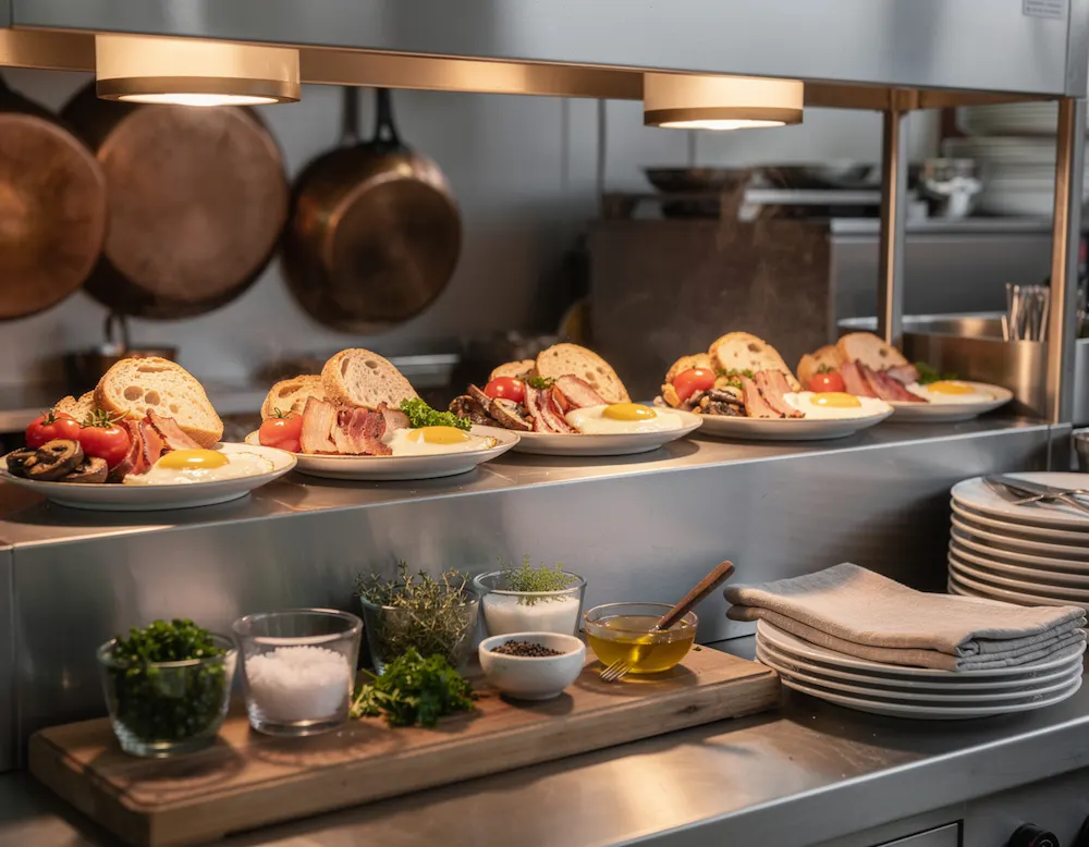 A kitchen pass with plated breakfast dishes waiting under warm lights