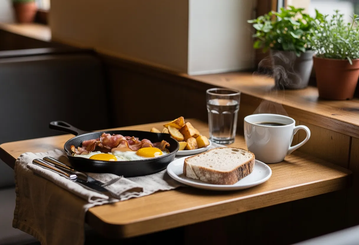 A cafe corner in the morning with a laid table, cups and daylight through the window