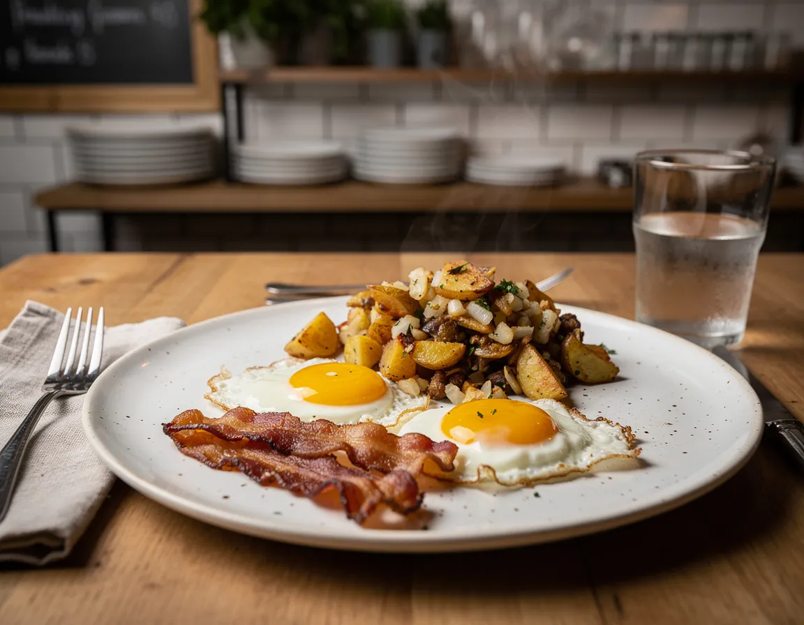 Two fried eggs with strips of bacon and breakfast hash on a white plate
